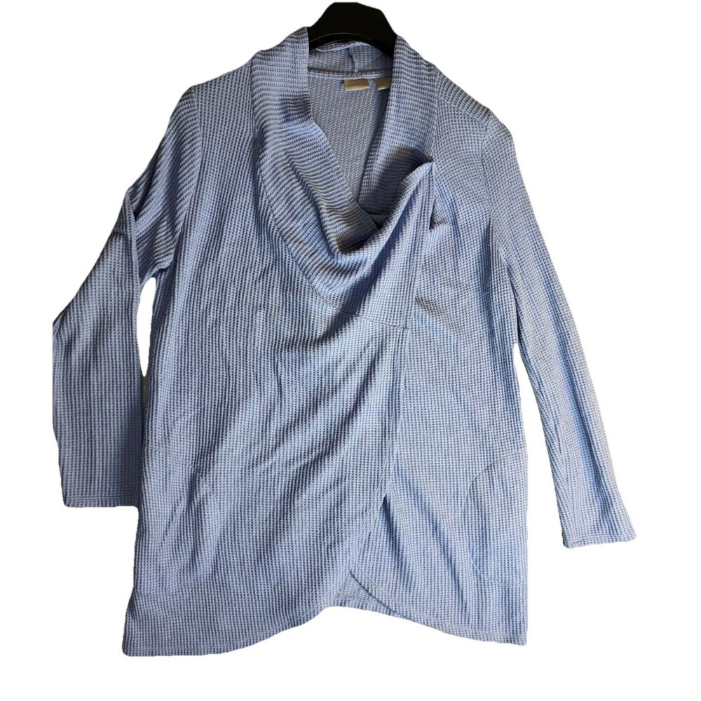 chicos zenergy Cardigan Sweater Sz 1 Blue Waffle Knit Cowl Loungewear Coastal